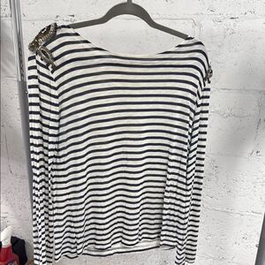 Striped Black and White Women's Top Embellished Beaded Shoulders - Long Sleeve